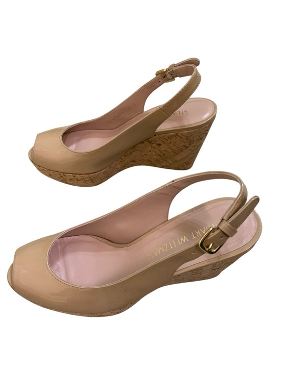Stuart Weitzman Women’s Adobe Nude Patent Leather Peep-Toe Wedge Slingbacks 7.5 - Picture 4 of 8